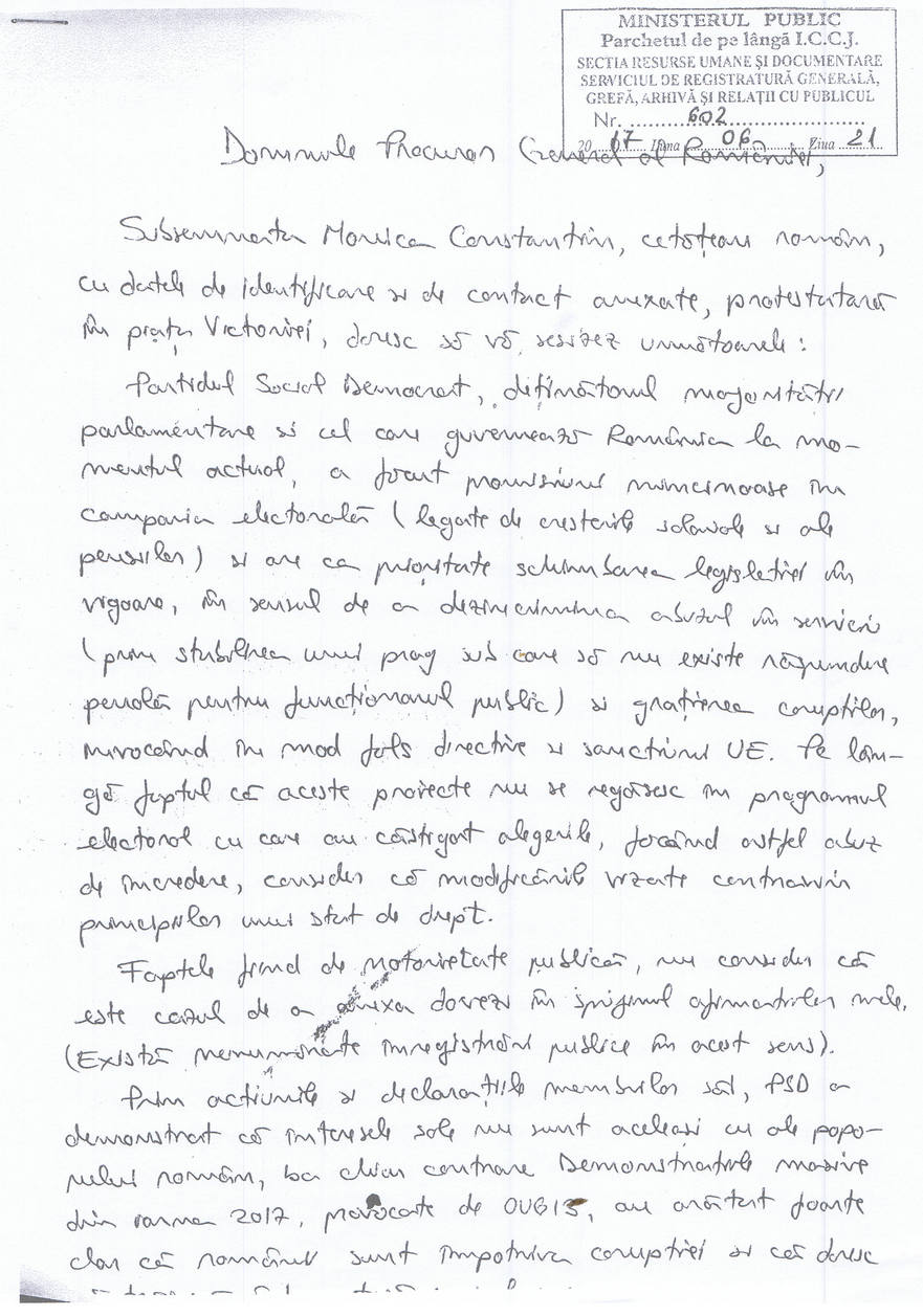 Scrisoarea adresată de Monica Constantin lui Augustin Lazăr